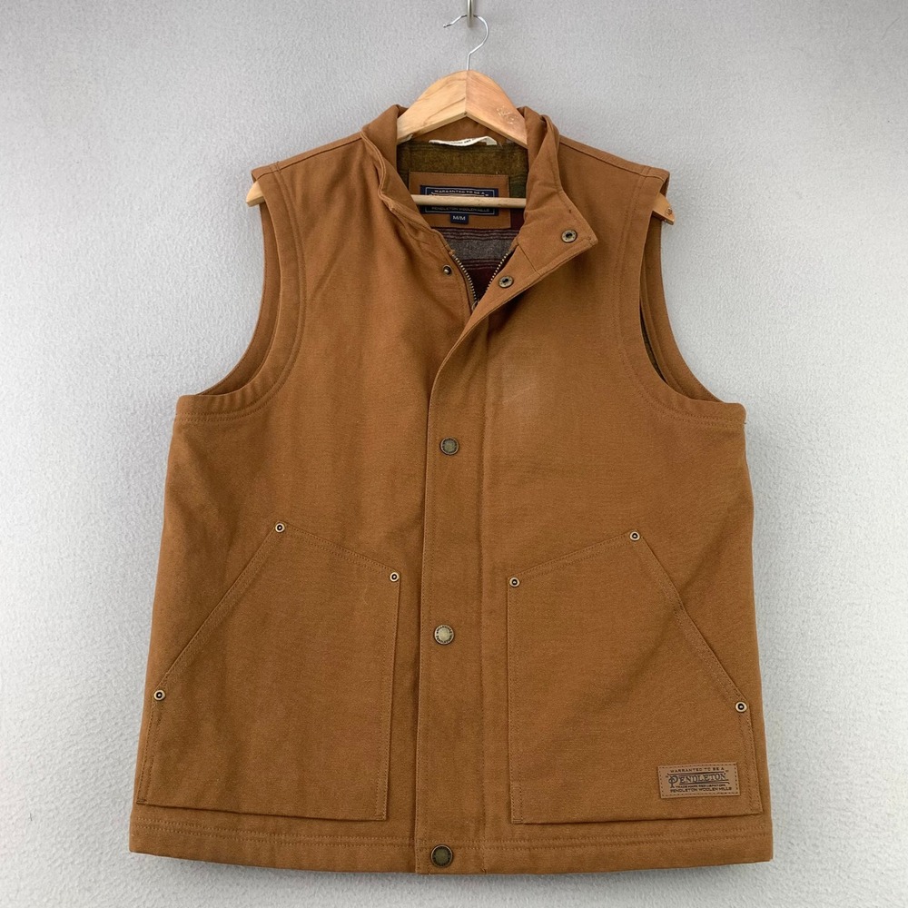Pendleton Canvas Work Vest Mens Medium Brown Rugged Wool Lined Full Zip